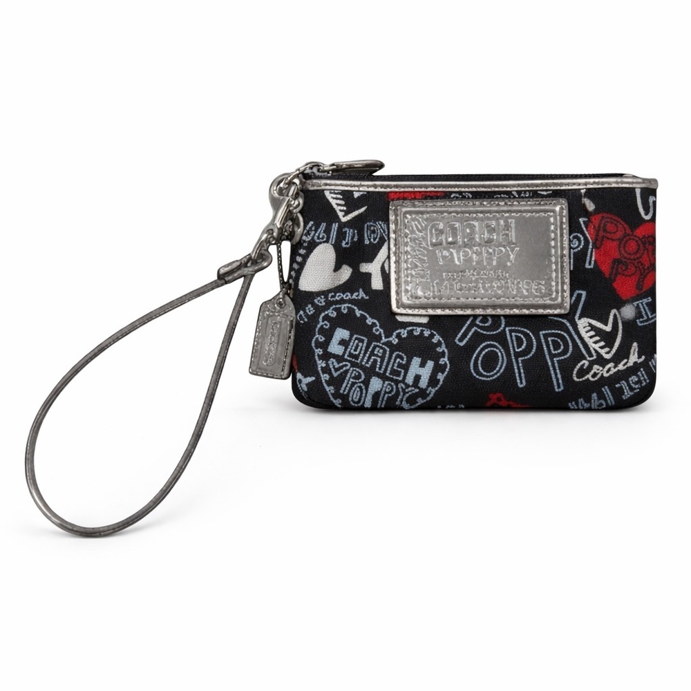 RARE Coach Poppy Wristlet Purse Black Graffiti Hearts Silver Zip Pouch Wallet - Picture 8 of 8